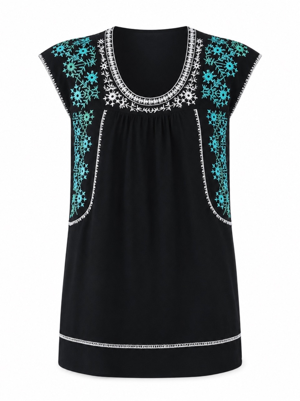 THEME Embroidered Cotton Tunic Dress Black Turquoise Size S
